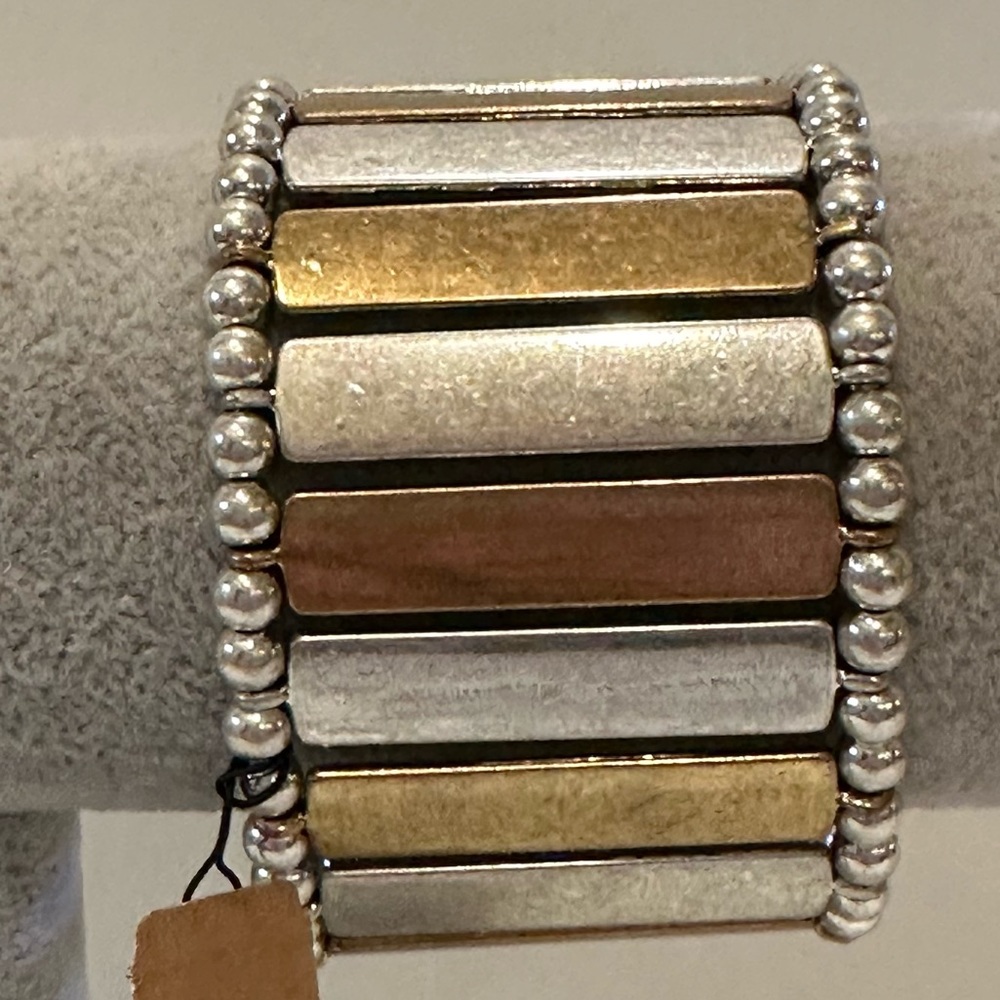 NWT The Sak Bracelet- antiqued silver & gold tone, stretch, wide - Picture 3 of 11